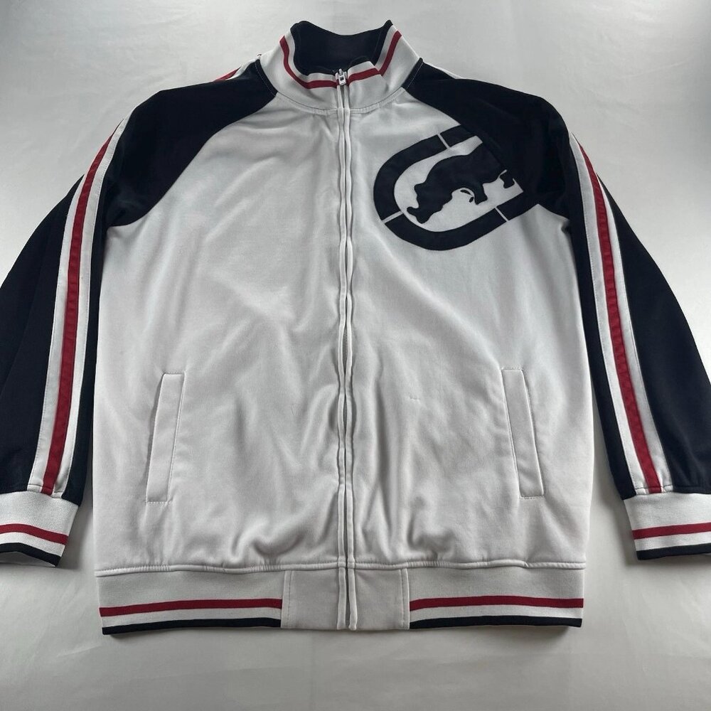 Ecko Unltd Full Zipper Jacket White with Black & Red Accent Stripes | XL